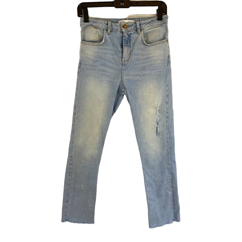 Zara Jeans Slim Olivia Straight Leg Raw Hem Distressed Light Wash‎ Size 4